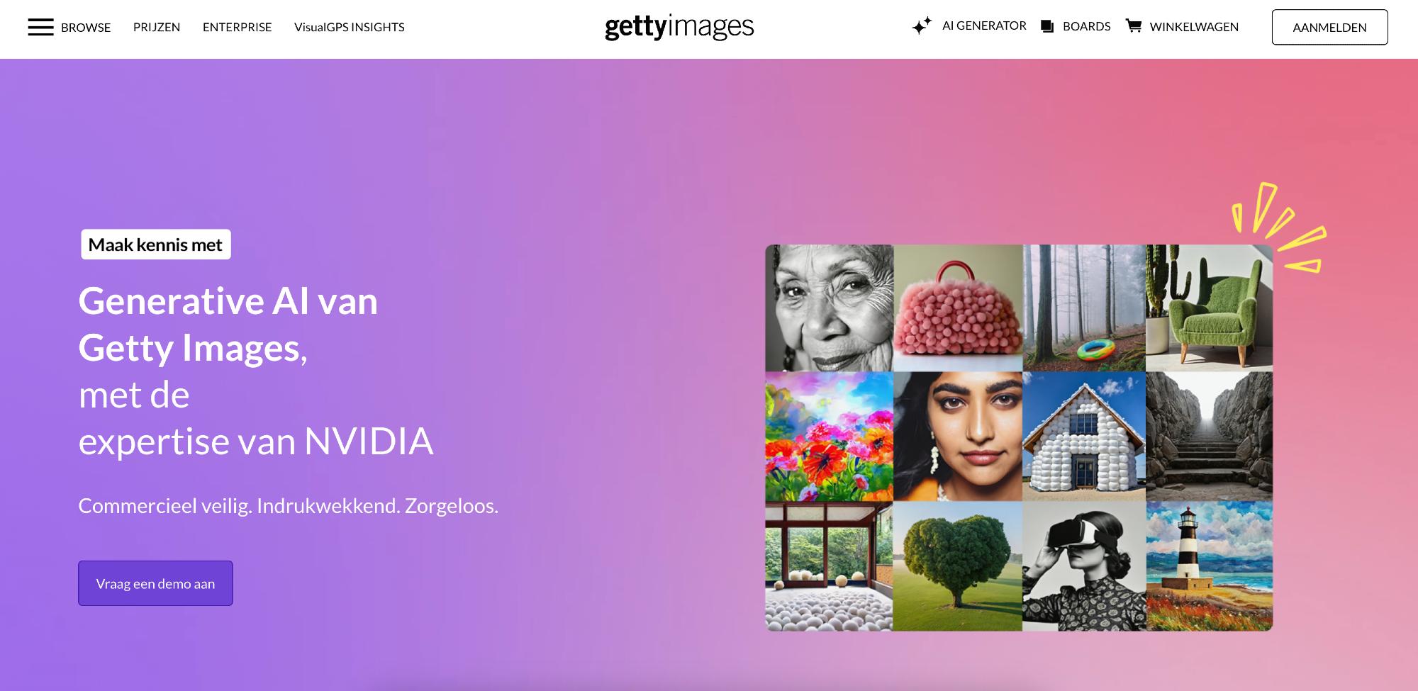 Screenshot van de website en de AI-tool Getty Images.
