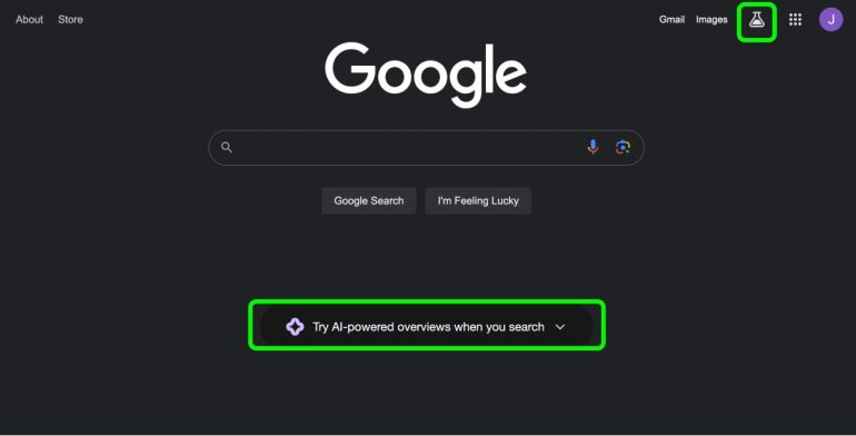 Het startscherm van Google met het Search Lab logo in de vorm van een Erlenmeyer en de chatbalk 