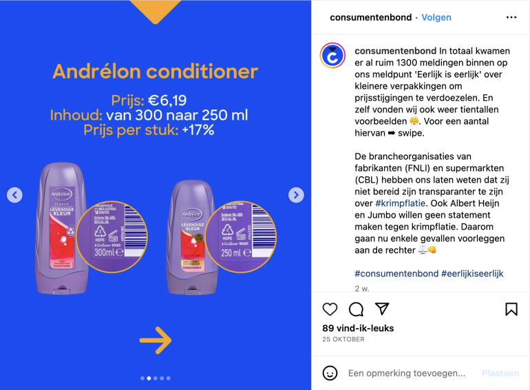 Instagrampost van de Consumentenbond over krimpflatie