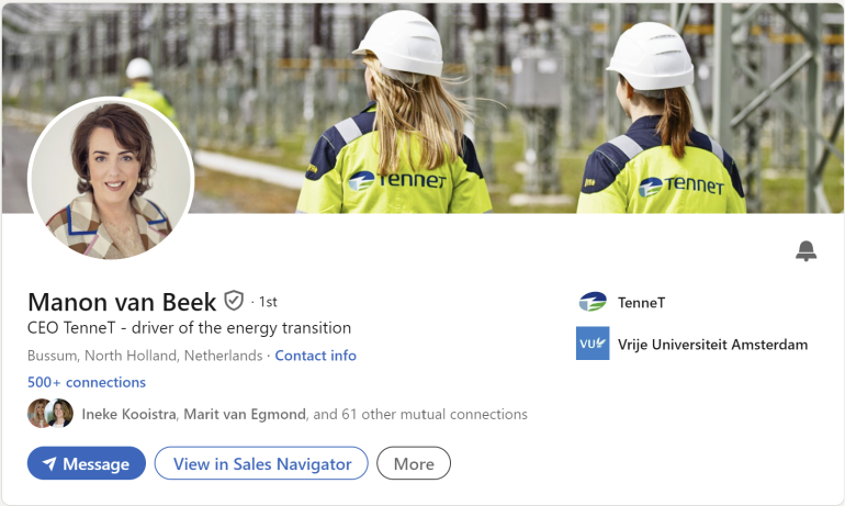 Screenshot van het LinkedIn-profiel van CEO Manon van Beek van TenneT.