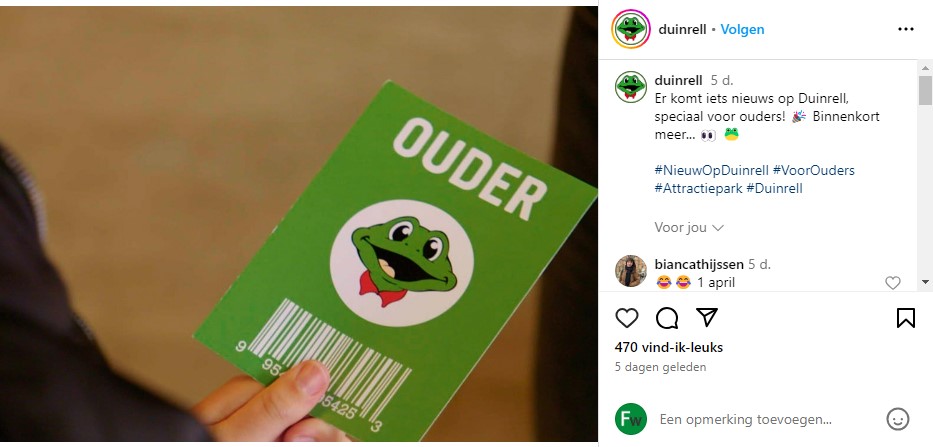 Een ticket met 'ouder' erop in een Instagrampost