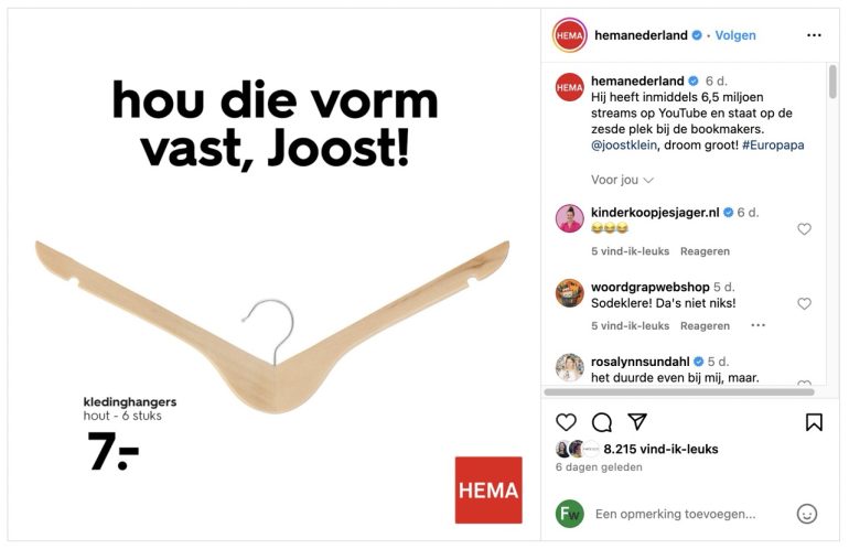 Instagram-post van Hema: inhaker op de outfit van Joost Klein