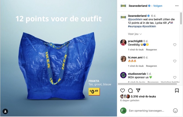 Instagram-post van IKEA: inhaker op outfit Joost Klein Europapa