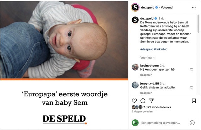 Instagram-post van de speld: europapa eerste woordje van baby sem