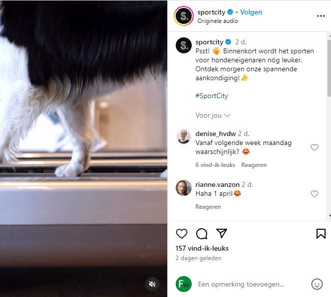 Hond op loopband Sportcity Instagrampost