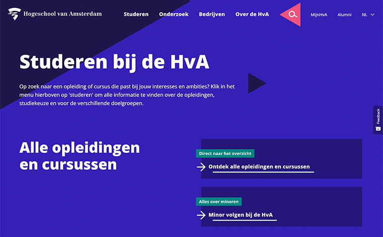 Editorial design bij Hogeschool van Amsterdam [https://www.hva.nl/studeren]: verspringend grid, overlappende kleurvlakken en koppen in divers formaat en kleur