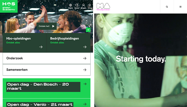  Brutal kenmerken op de websites van HAS green academy [https://www.has.nl/ ] – bijzonder font voor de koppen, zwarte borderlijnen en ‘vloekende’ kleurcombinatie - en Mediacollege Amsterdam [https://www.ma-web.nl/]: logo, zwarte borderlijnen, ruw beeld