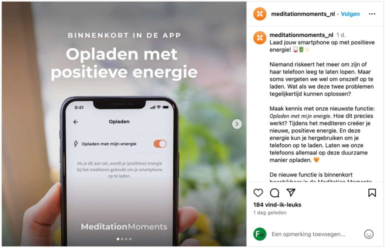 Instagram-post over Je telefoon opladen met 'positieve energie'.