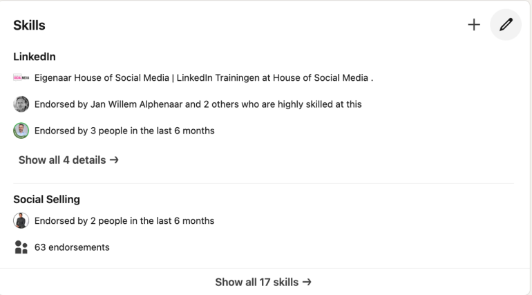 Screenshot van het aantal skills in LinkedIn.