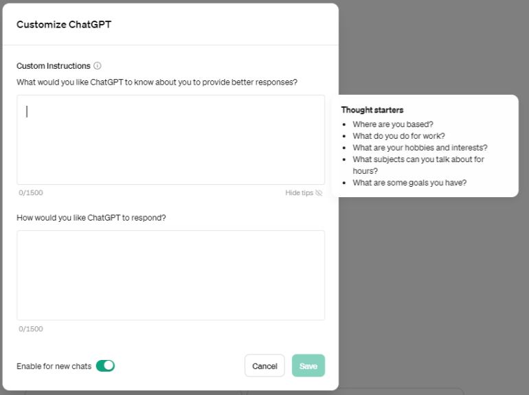 screenshot custom intstructions in chatgpt