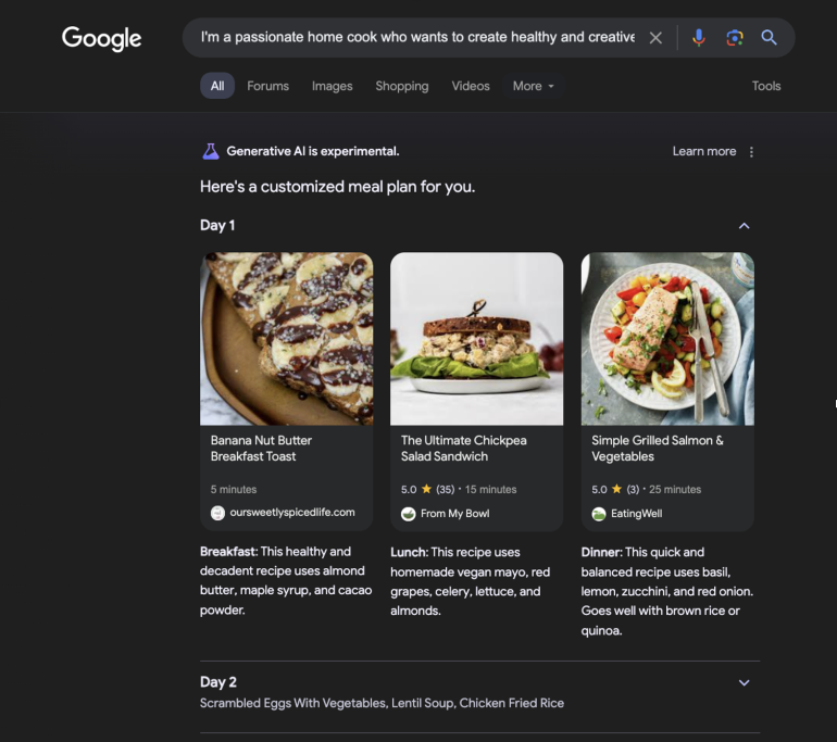Screenshot SERP met AI Overview vraag welke gerechten je moet eten
