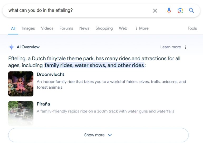 AI overview bij zoekopdracht 'what can you do in the efteling?'