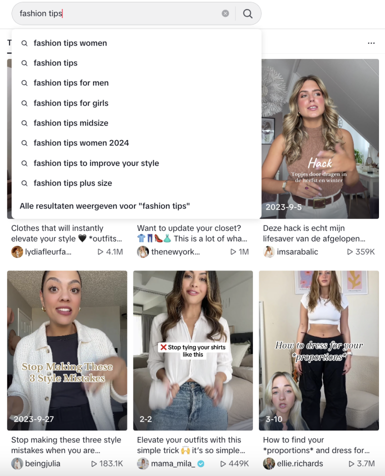 zoeken op TikTok naar fashion tips, met extra zoeksuggesties