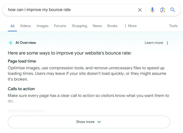 AI overview bij zoekopdracht 'how can i improve my bounce rate'