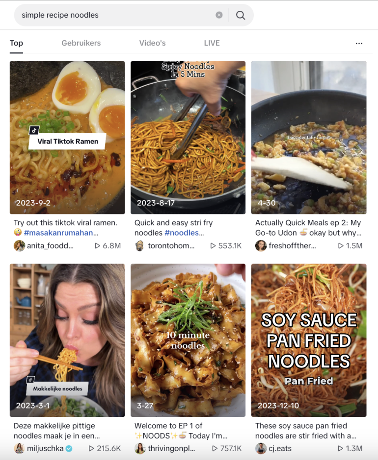 TikTok als zoekmachine screenshot zoekterm simple recipe noodles