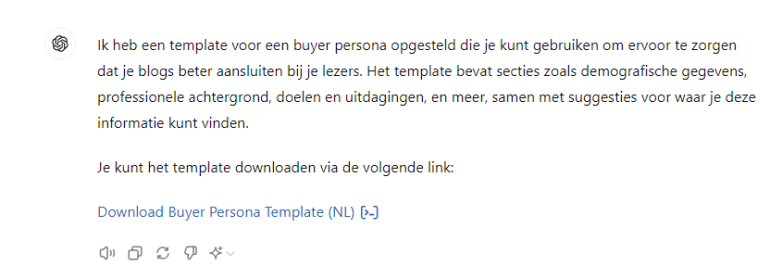 Antwoord van ChatGPT bij verzoek voor een buyer persona-template