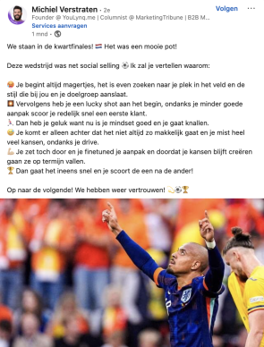 linkedin-post over nederlands elftal gekoppeld aan social selling