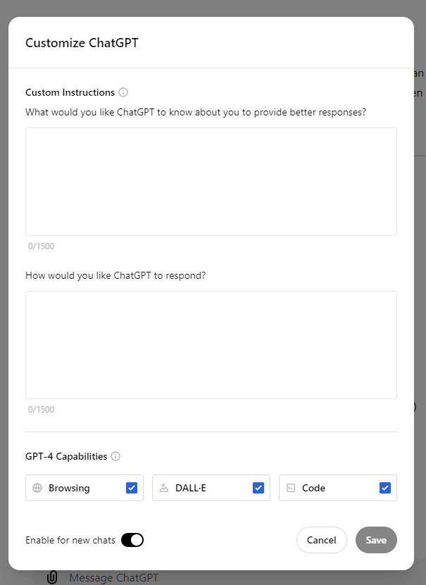 Screenshot van ChatGPT-functie om custom instructions in te voeren