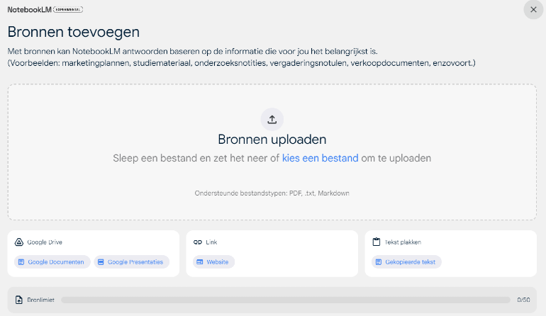 Bronnen toevoegen aan NotebookLM.