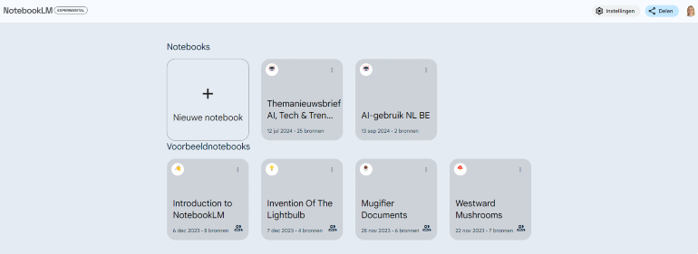 NotebookLM beginscherm.