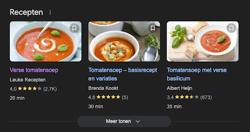 resultaat recepten in zoekmachine