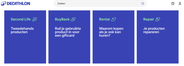 duurzamheidscommunicatie opties Decathlon: second life, buyback, rental en repair