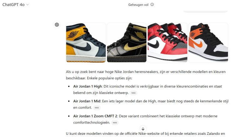 Zoekopdracht Nike Jordan ChatGPT