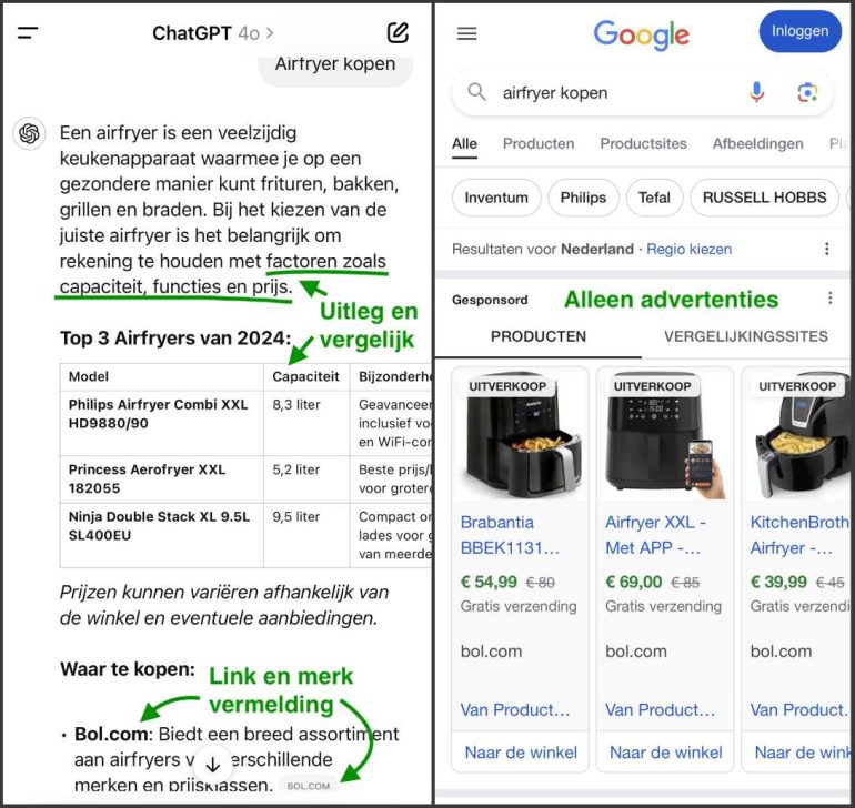 Screenshot van SearchGPT versus google waarbij de zoekterm 'airfryer kopen' wordt vergeleken