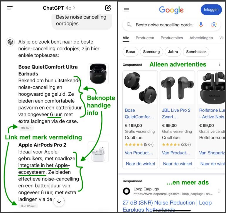 Screenshot van SearchGPT versus google waarbij de zoekterm 'beste noise cancelling oordopjes' wordt vergeleken