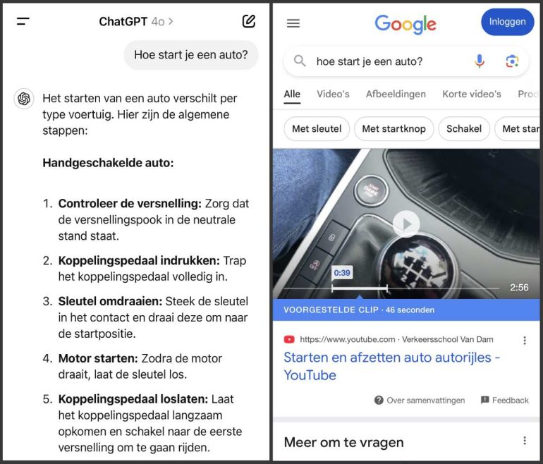 Screenshots van zoekresultaten in SearchGPT versus google voor de zoekopdracht "hoe start je een auto?"