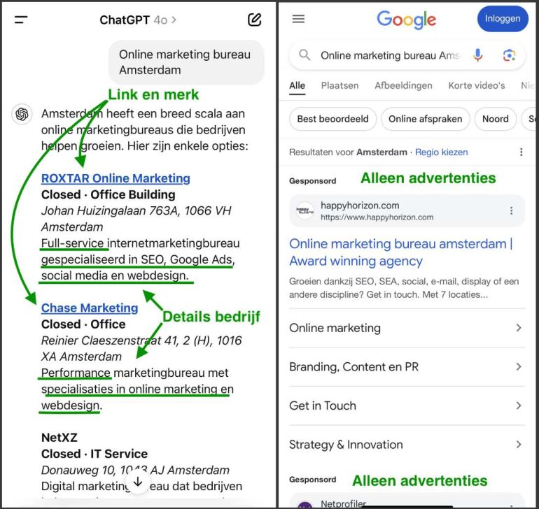 Screenshot van SearchGPT versus google waarbij de zoekterm 'online marketing bureau amsterdam' wordt vergeleken